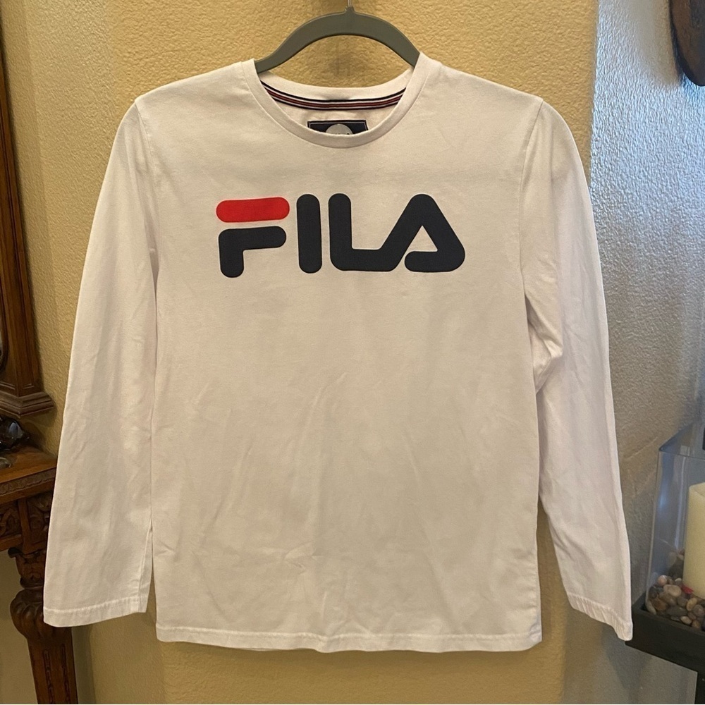 FILA Boys Teens White Spell Out Long Sleeve Shirt Size Large